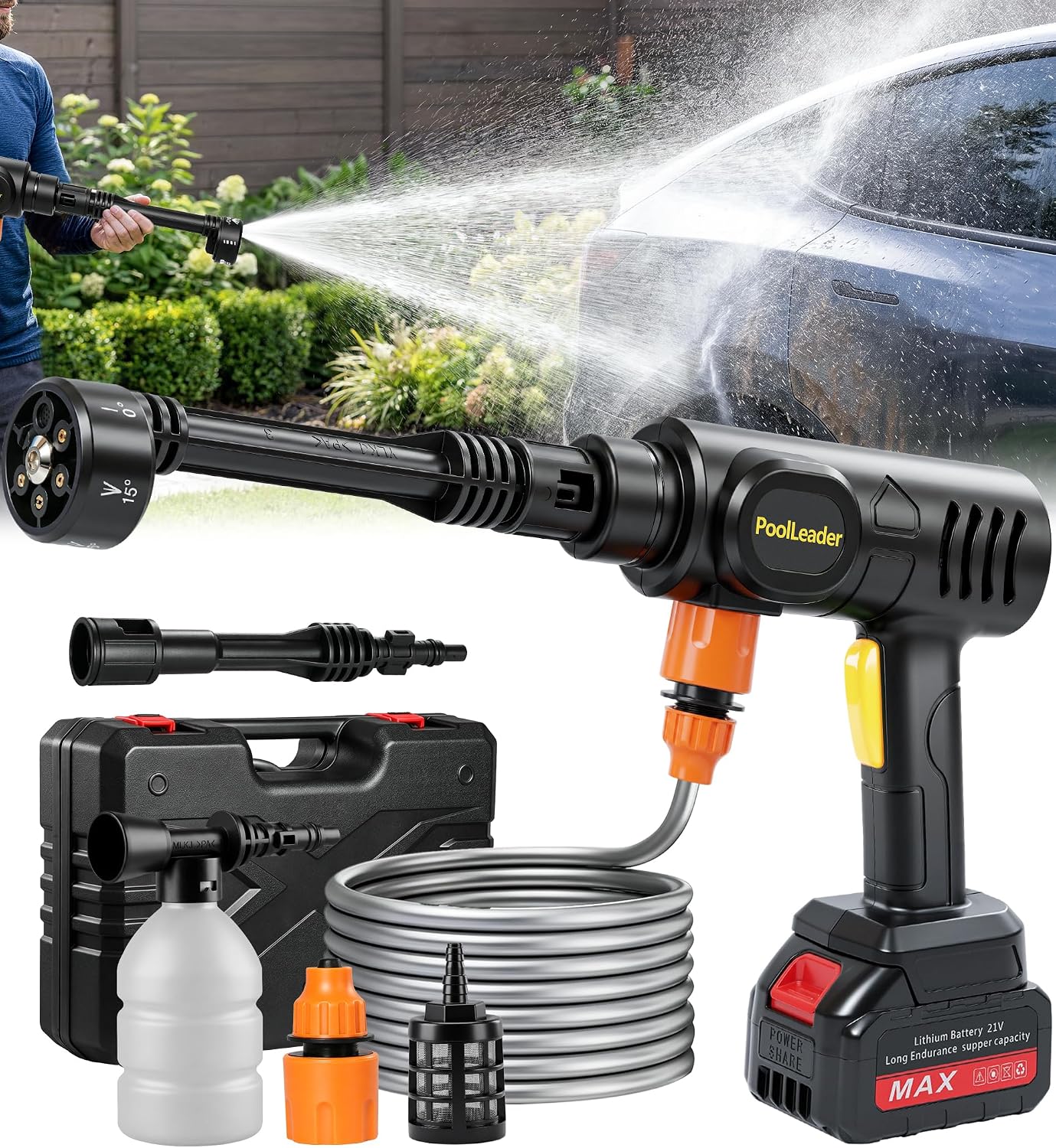Cordless Car Cleaning Tool with 6-In-1 Nozzle & Foam Cannon | Lightweight Portable Design, Battery Operated Cordless Car Wash Spray, Handheld Wash Machine for Car, Patio, Home - Yellow