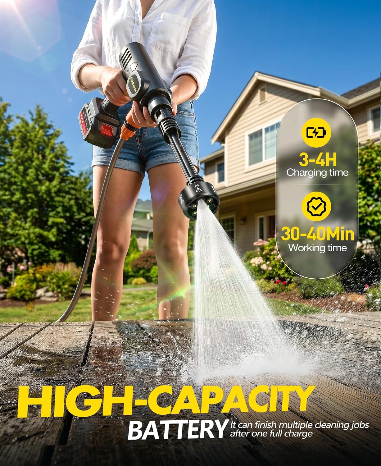 Cordless Car Cleaning Tool with 6-In-1 Nozzle & Foam Cannon | Lightweight Portable Design, Battery Operated Cordless Car Wash Spray, Handheld Wash Machine for Car, Patio, Home - Yellow